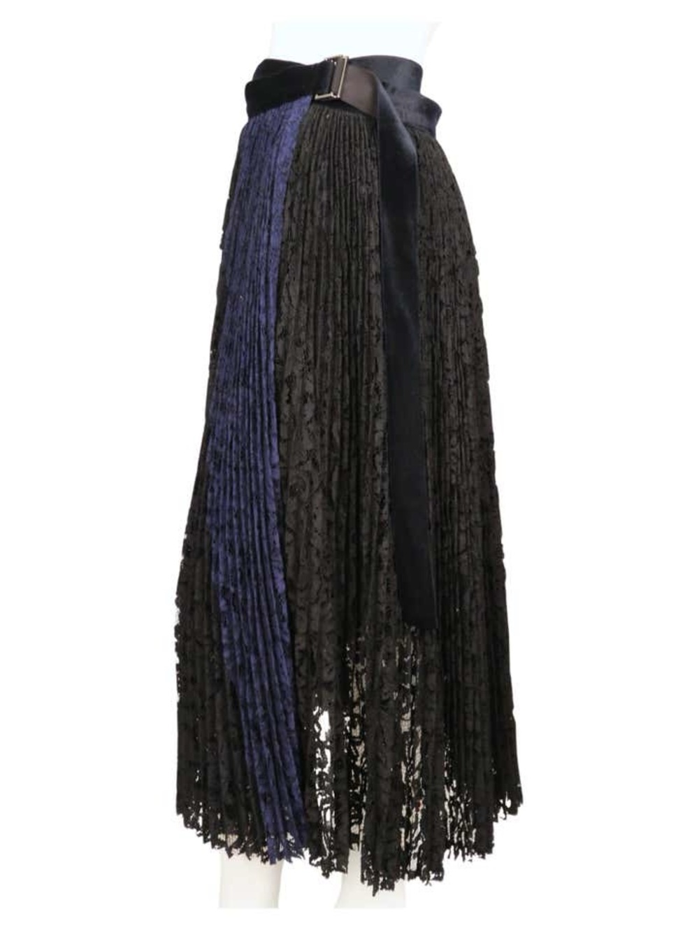 Black and Navy Pleated Lace Midi Skirt with Velvet Belt